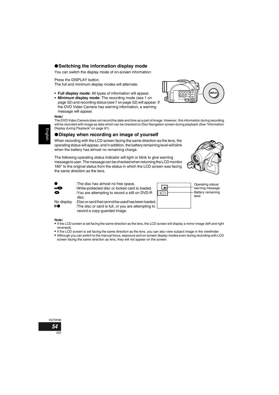 Panasonic VDR-M70GC user service Switching the information display mode, Display when recording an image of yourself 