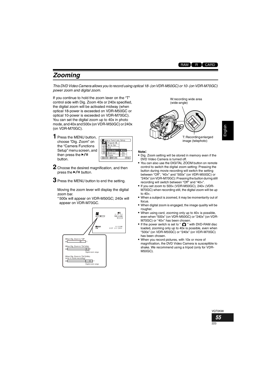 Panasonic VDR-M70GC user service Zooming 