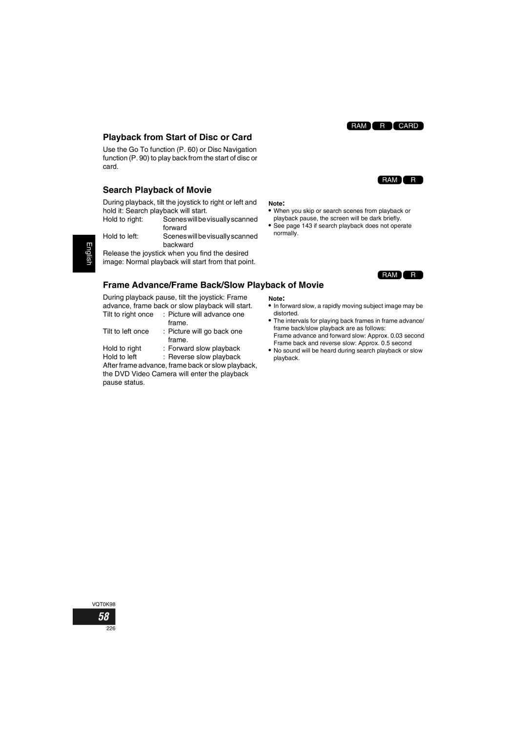 Panasonic VDR-M70GC user service Playback from Start of Disc or Card, Search Playback of Movie 