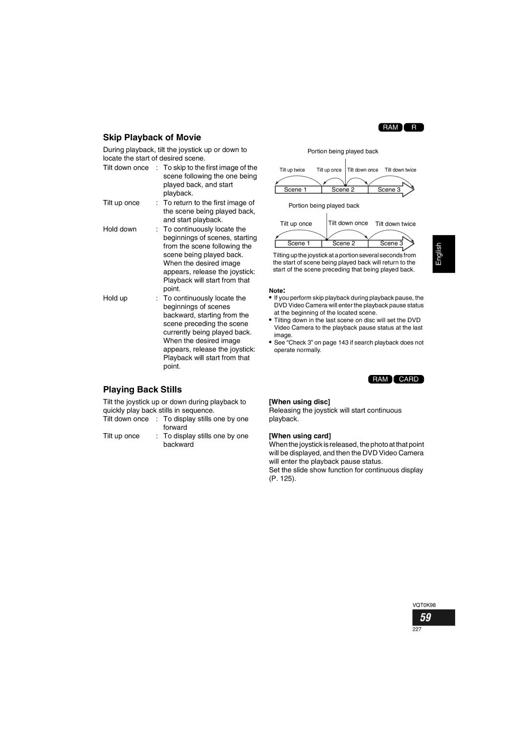 Panasonic VDR-M70GC user service Skip Playback of Movie, Playing Back Stills, When using disc, When using card 