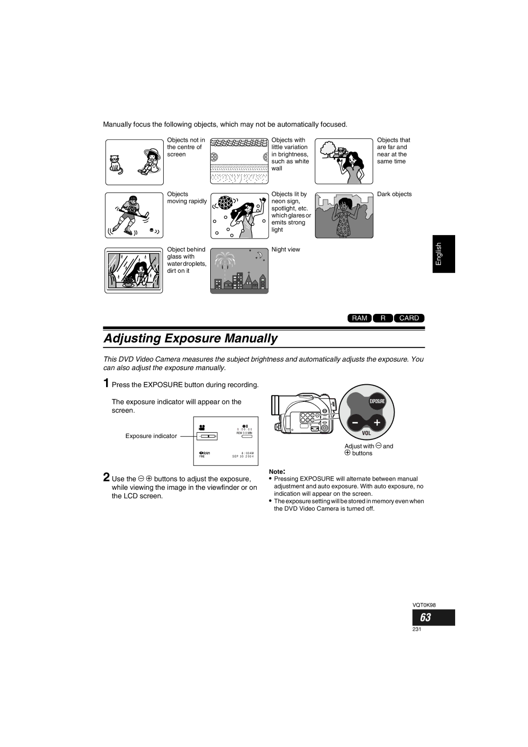 Panasonic VDR-M70GC user service Adjusting Exposure Manually 