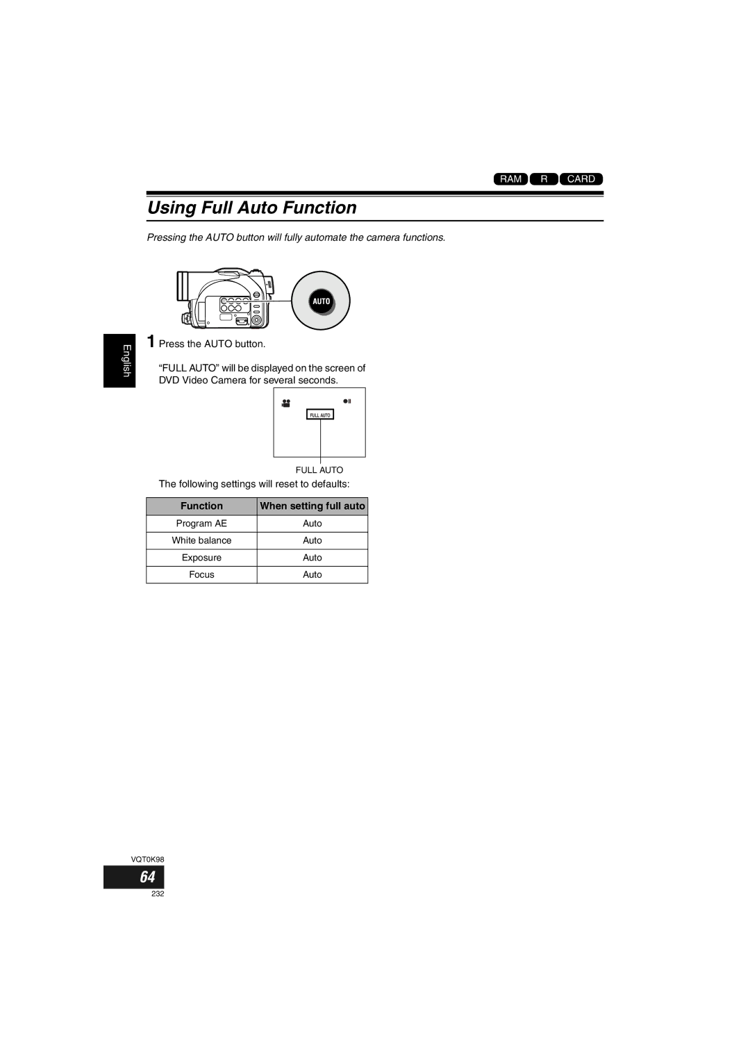 Panasonic VDR-M70GC user service Using Full Auto Function, Following settings will reset to defaults, Focus 