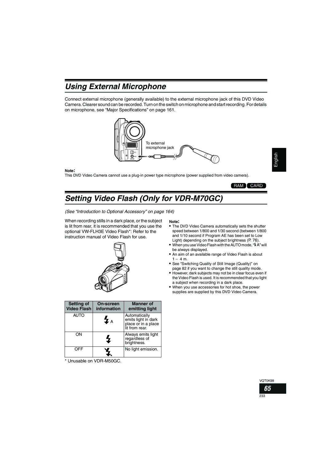 Panasonic Using External Microphone, Setting Video Flash Only for VDR-M70GC, Setting On-screen Manner, Emitting light 