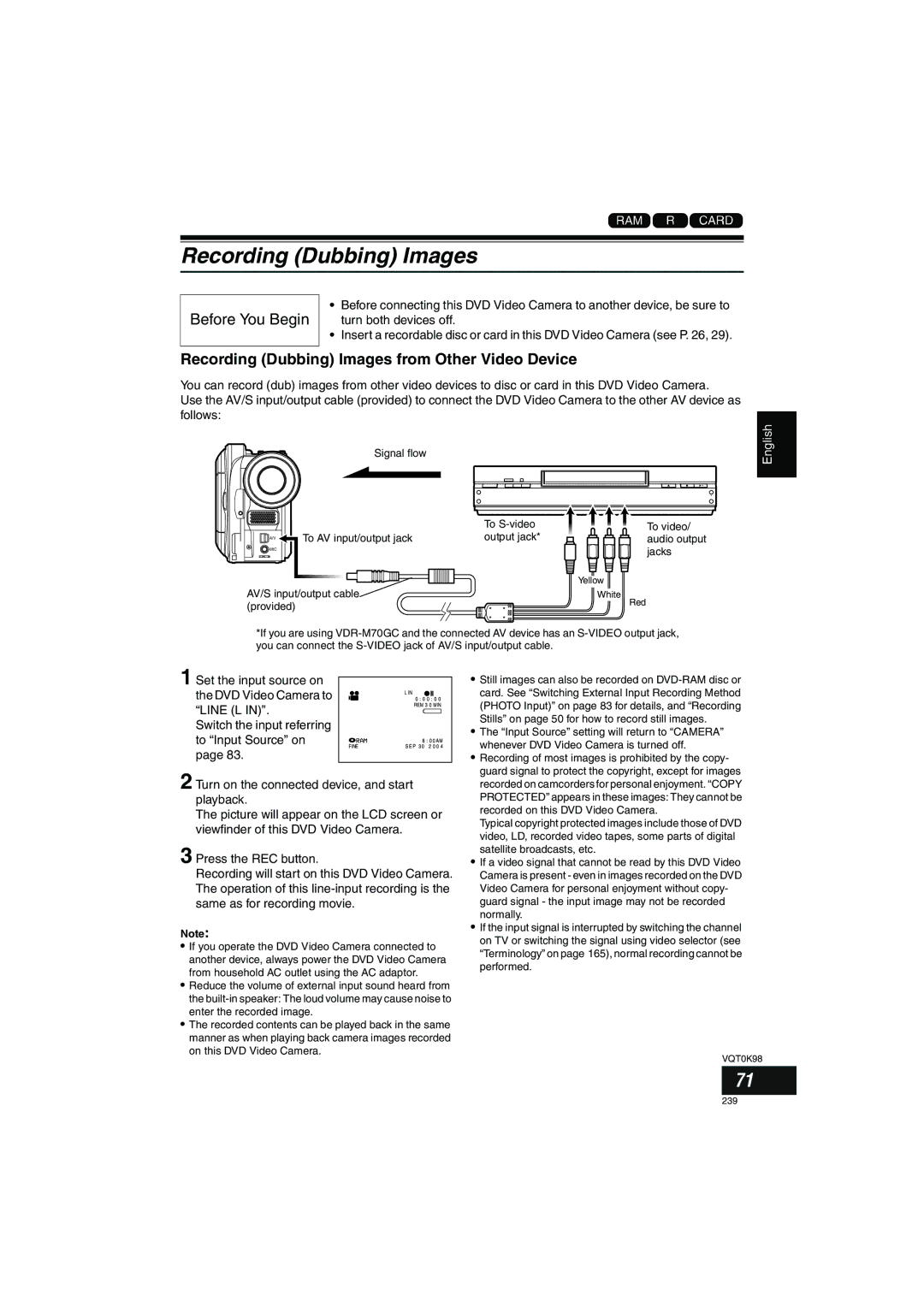 Panasonic VDR-M70GC user service Recording Dubbing Images from Other Video Device 