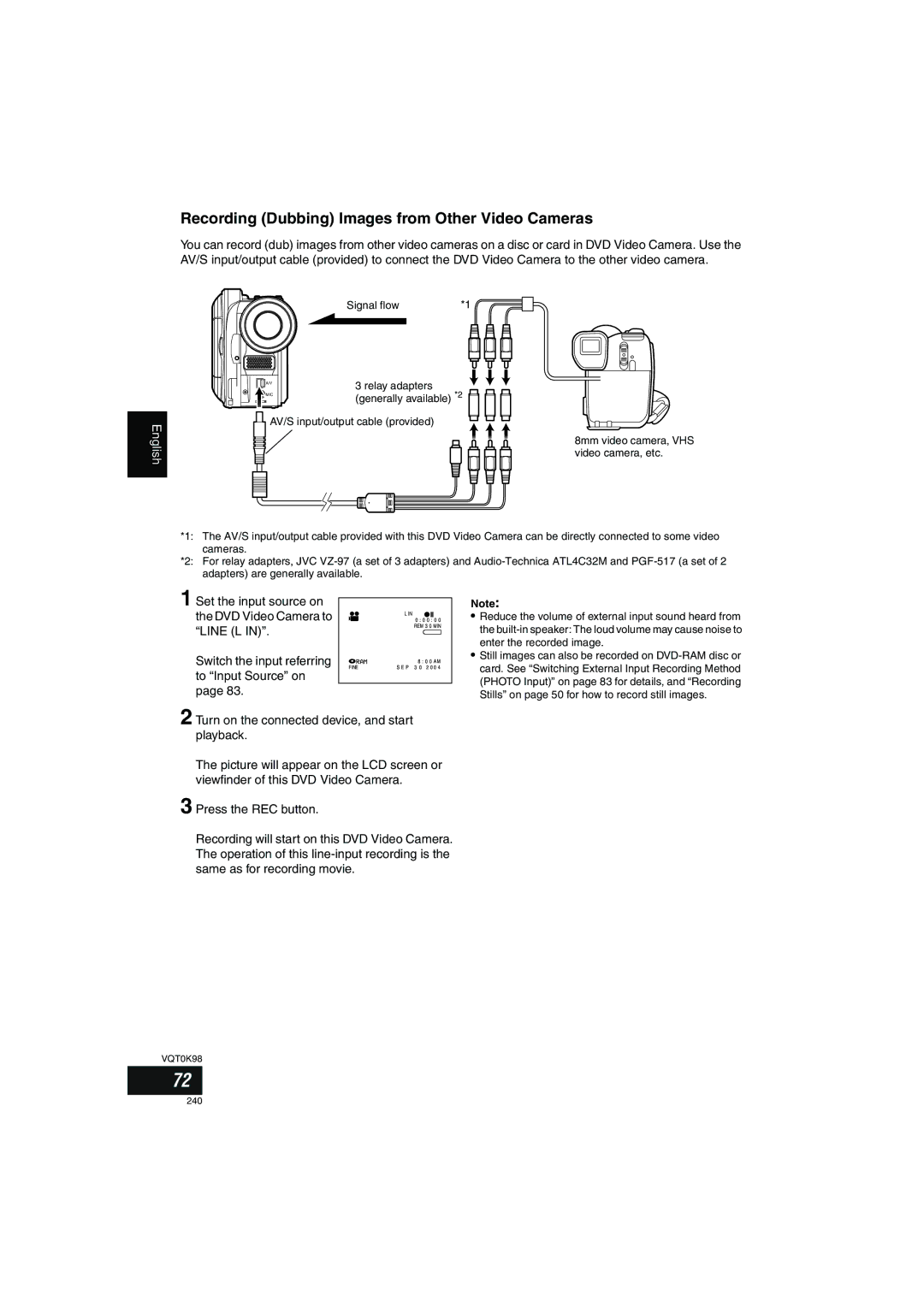 Panasonic VDR-M70GC Recording Dubbing Images from Other Video Cameras, Set the input source on DVD Video Camera to 