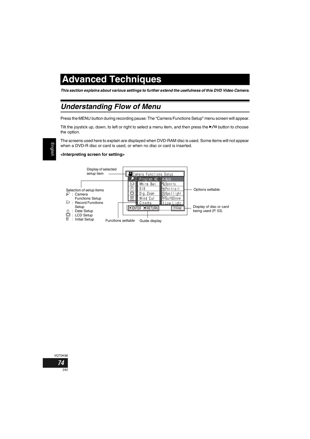 Panasonic VDR-M70GC user service Understanding Flow of Menu, Interpreting screen for setting 