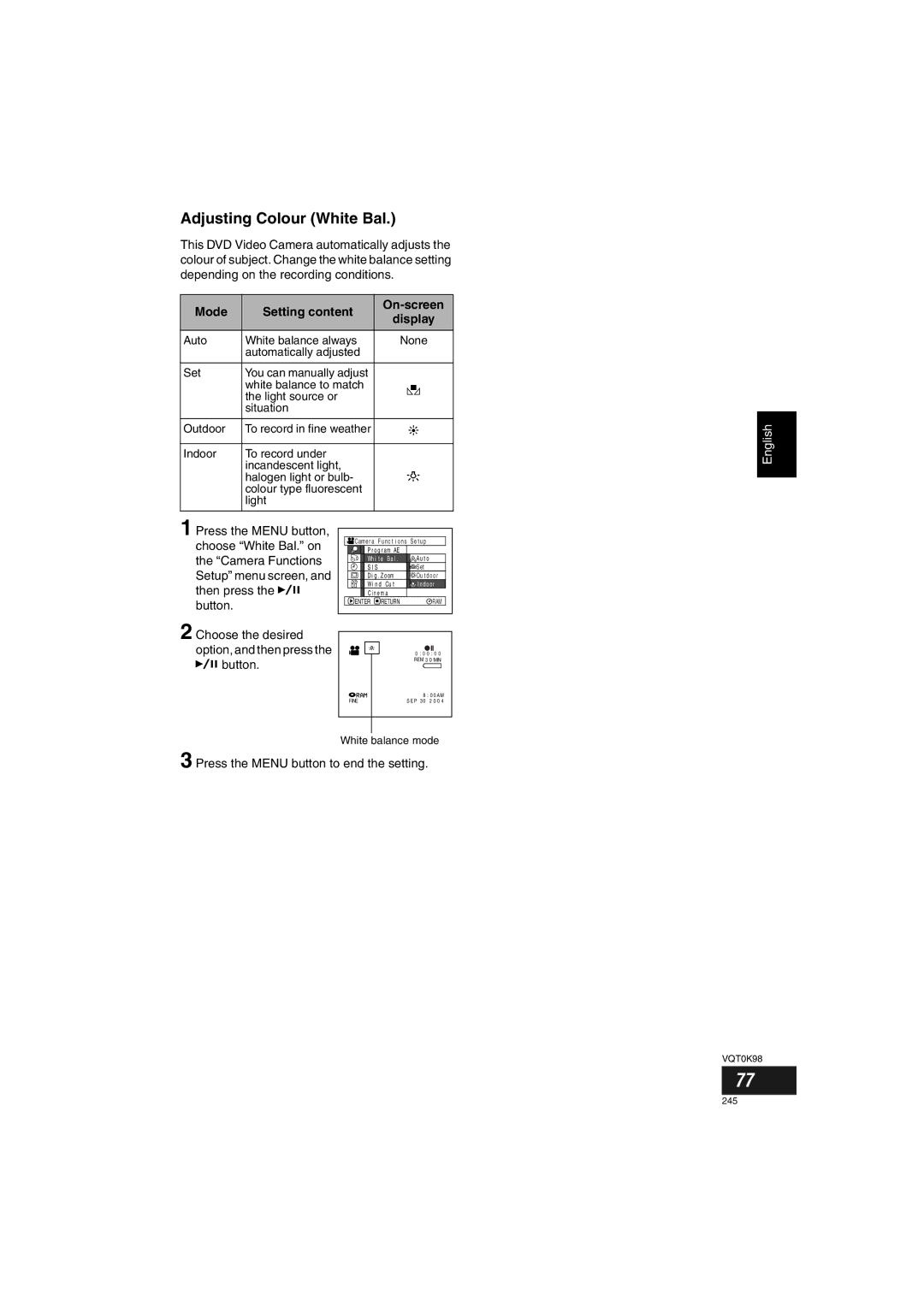 Panasonic VDR-M70GC user service Adjusting Colour White Bal, Mode Setting content On-screen 