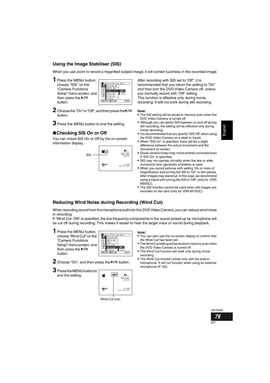 Panasonic VDR-M70GC Using the Image Stabiliser SIS, Checking SIS On or Off, Reducing Wind Noise during Recording Wind Cut 