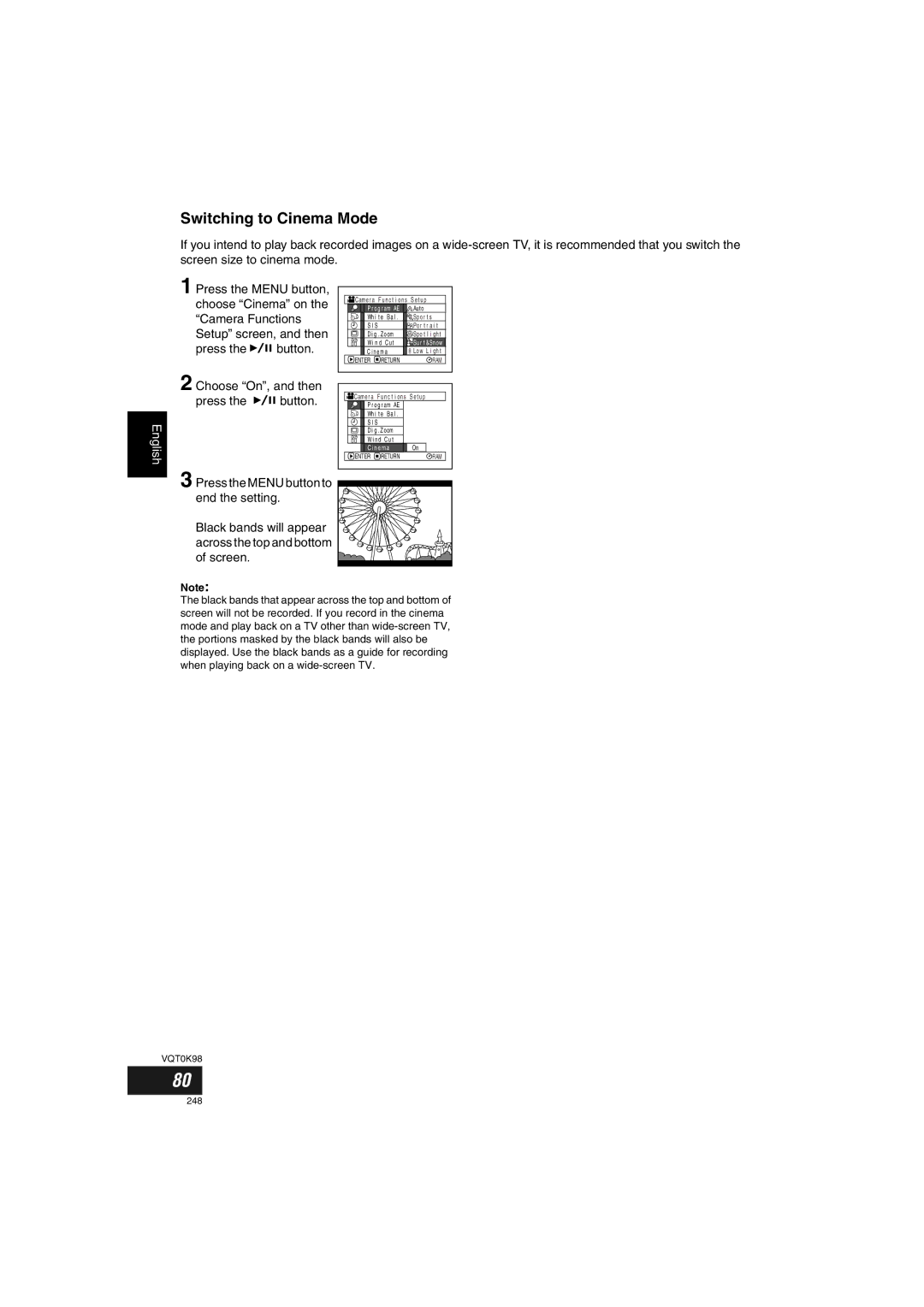 Panasonic VDR-M70GC user service Switching to Cinema Mode, Choose Cinema on, Camera Functions, Setup screen, and then 