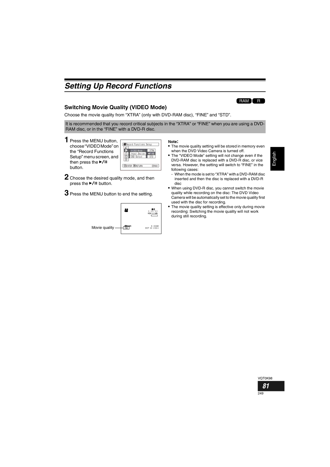 Panasonic VDR-M70GC user service Setting Up Record Functions, Switching Movie Quality Video Mode 