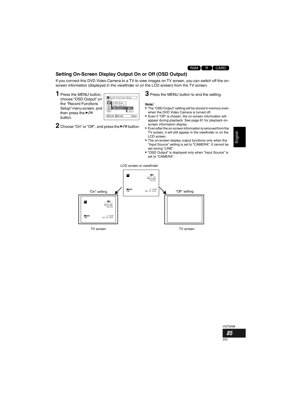 Panasonic VDR-M70GC Setting On-Screen Display Output On or Off OSD Output, Choose On or Off, and press the Abutton 