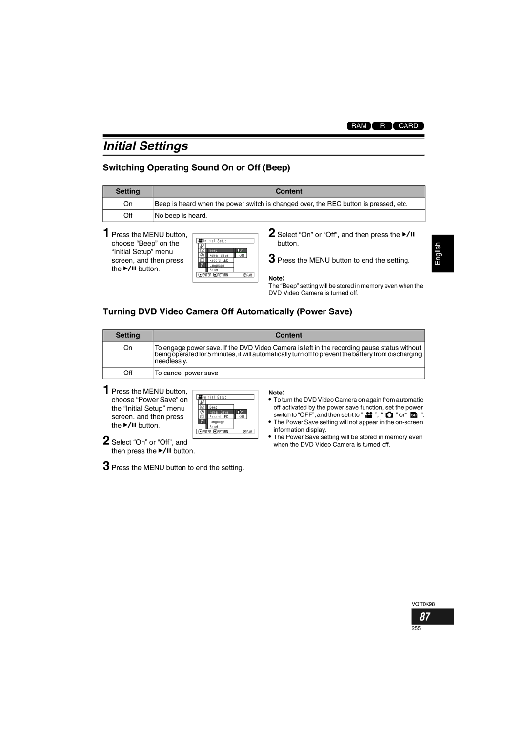 Panasonic VDR-M70GC Initial Settings, Switching Operating Sound On or Off Beep, Choose Power Save on Initial Setup menu 