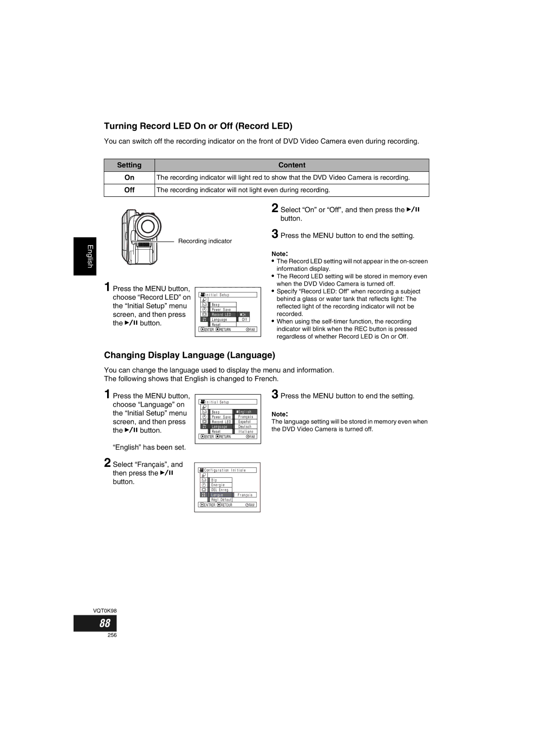 Panasonic VDR-M70GC user service Turning Record LED On or Off Record LED, Changing Display Language Language 