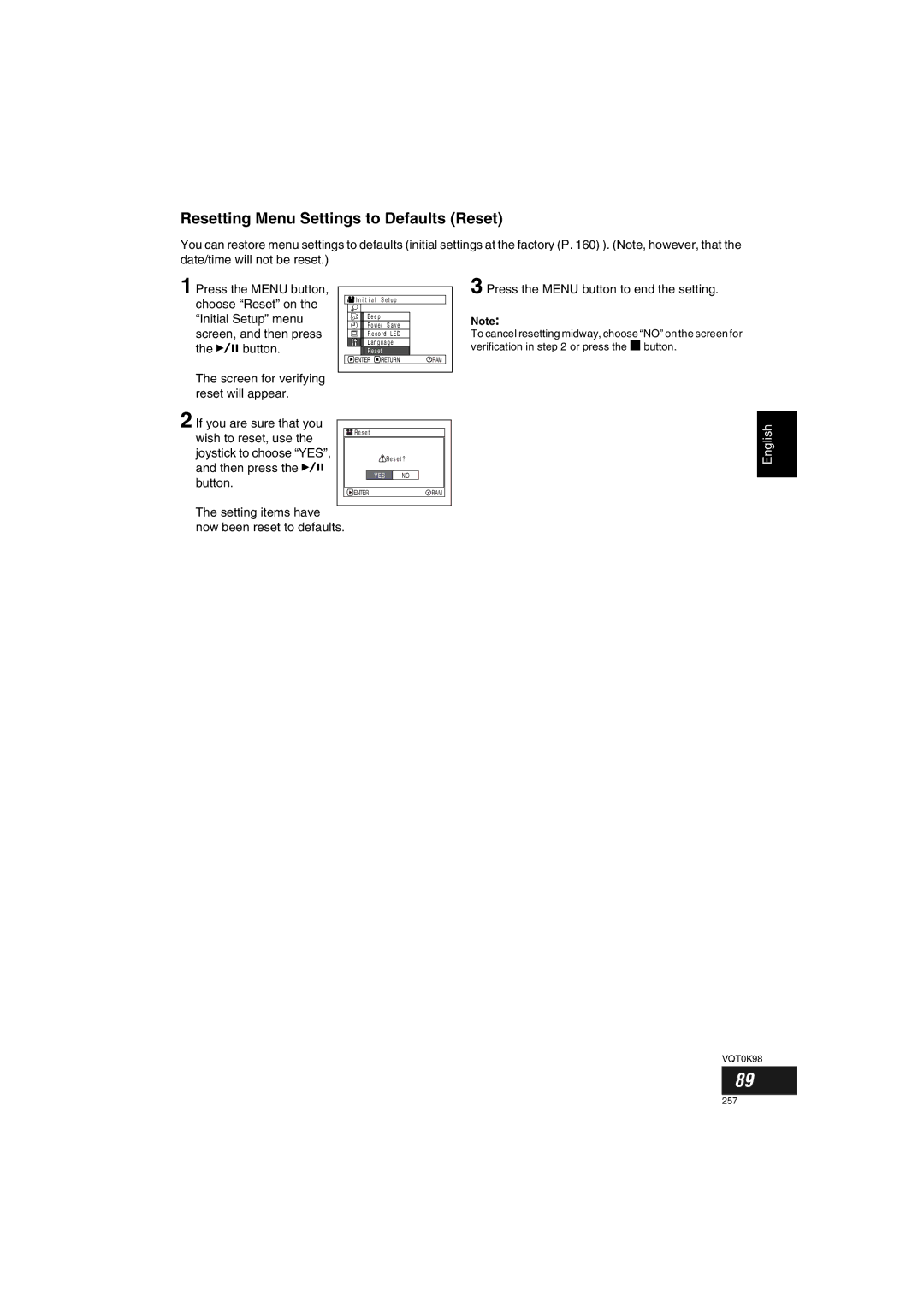 Panasonic VDR-M70GC user service Resetting Menu Settings to Defaults Reset, Choose Reset on Initial Setup menu 