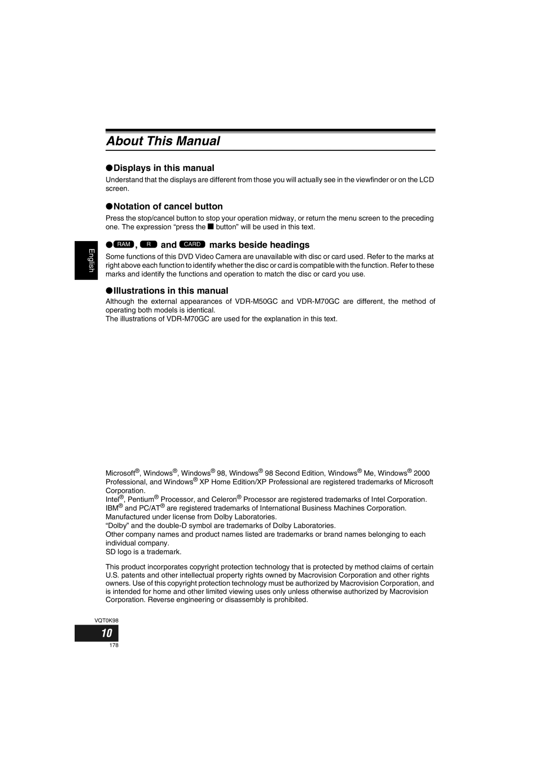 Panasonic VDR-M70GC About This Manual, Displays in this manual, Notation of cancel button, 2and 3 marks beside headings 