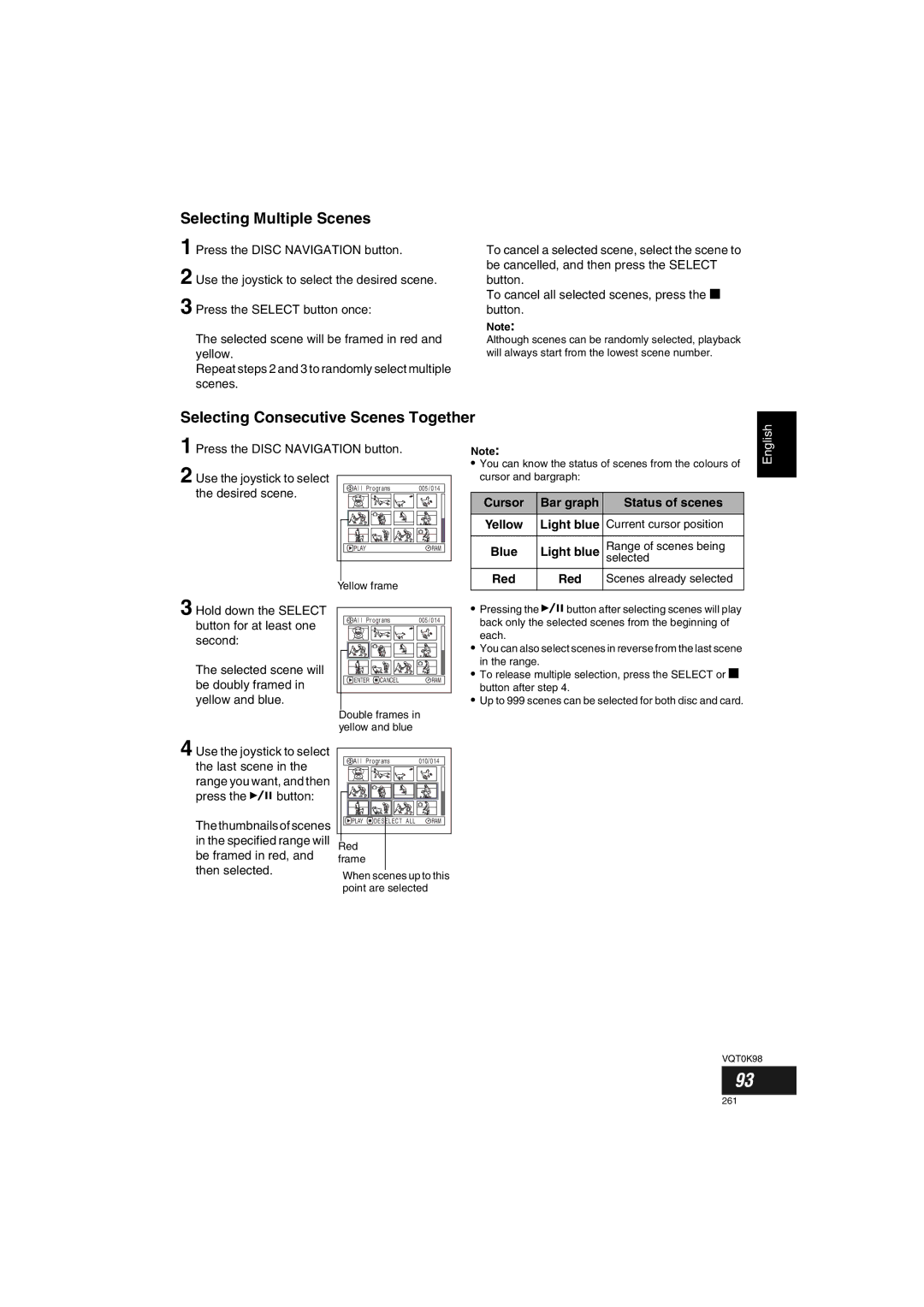 Panasonic VDR-M70GC Selecting Multiple Scenes, Selecting Consecutive Scenes Together, Cursor Bar graph Status of scenes 