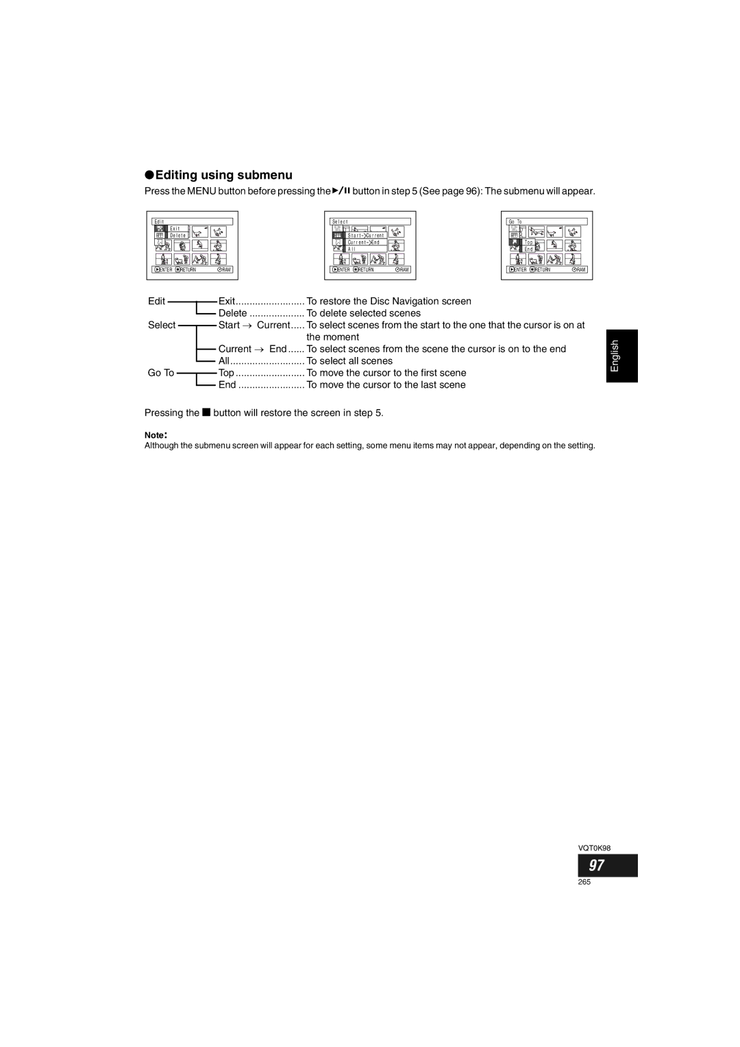 Panasonic VDR-M70GC user service Editing using submenu, To move the cursor to the first scene 