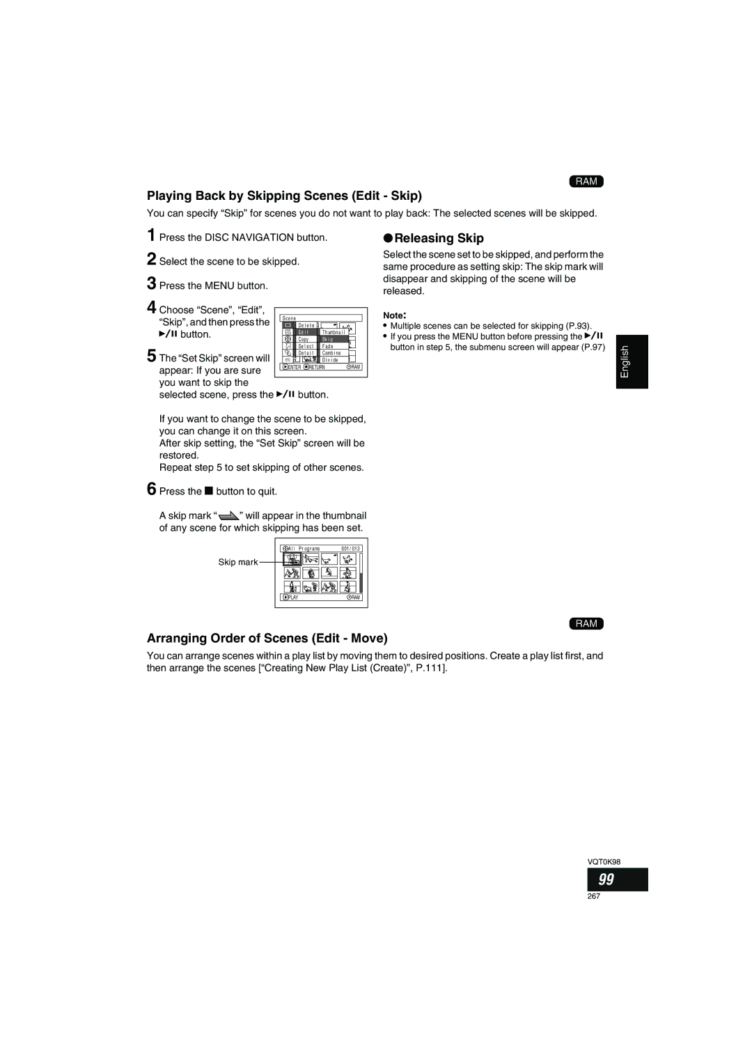 Panasonic VDR-M70GC Playing Back by Skipping Scenes Edit Skip, Releasing Skip, Arranging Order of Scenes Edit Move 