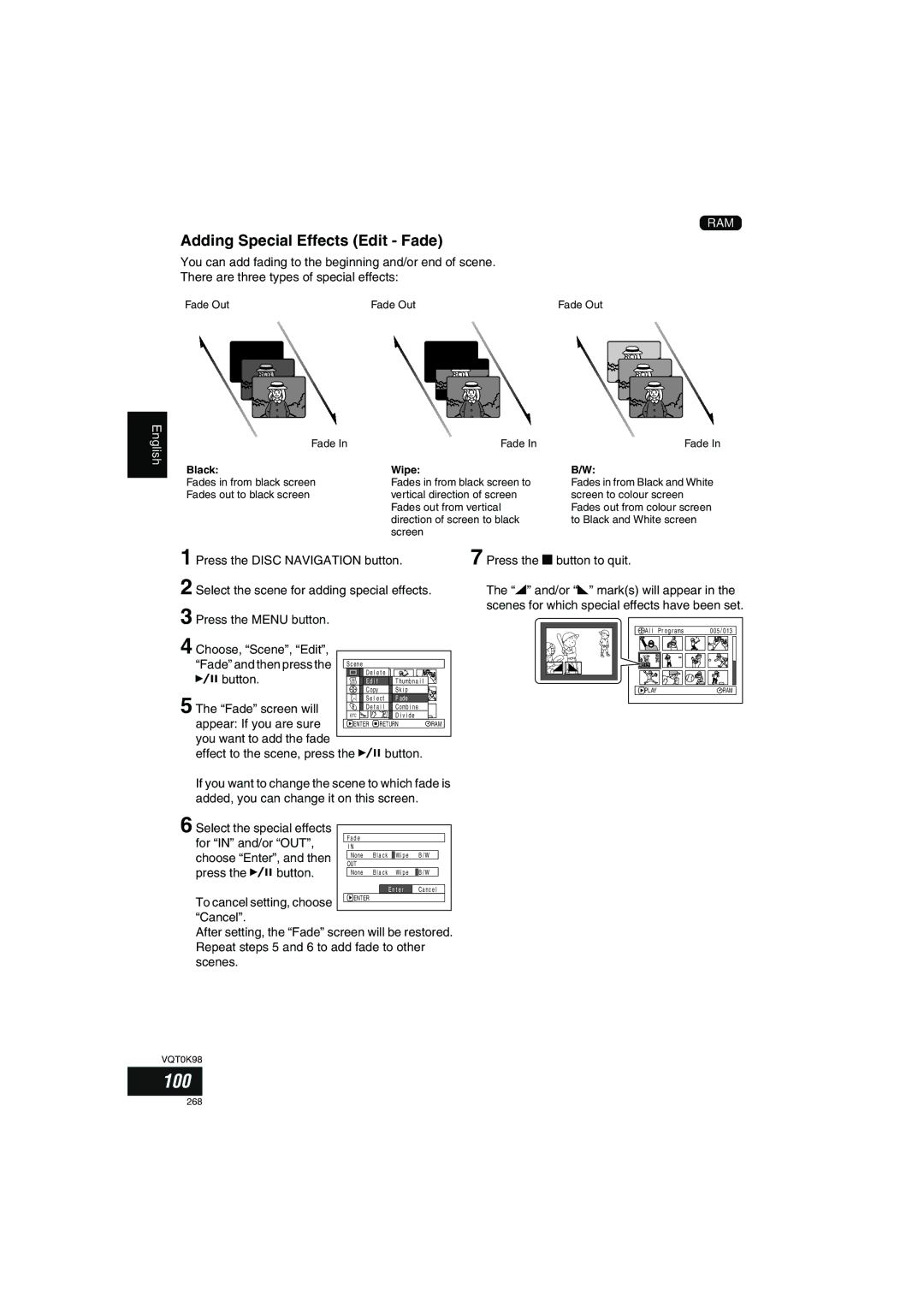 Panasonic VDR-M70GC 100, Adding Special Effects Edit Fade, Fade screen will, For in and/or OUT, Choose Enter, and then 