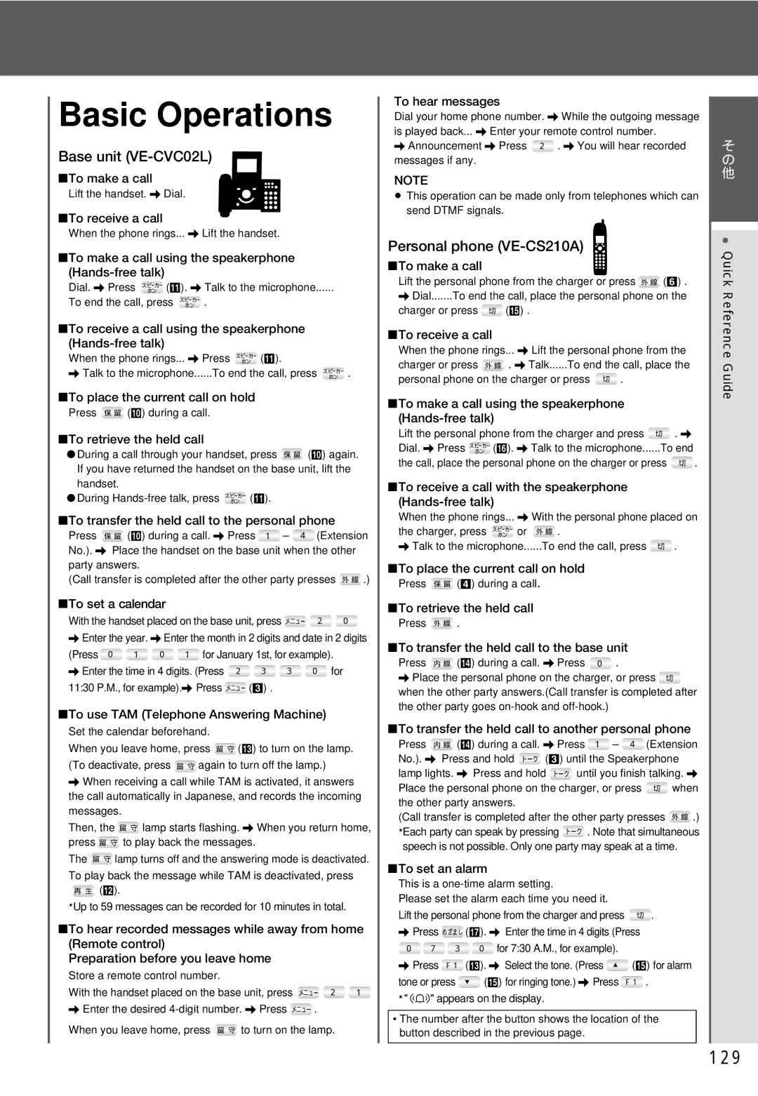 Panasonic VE-CV02L manual Basic Operations, Base unit VE-CVC02L, Personal phone VE-CS210A 