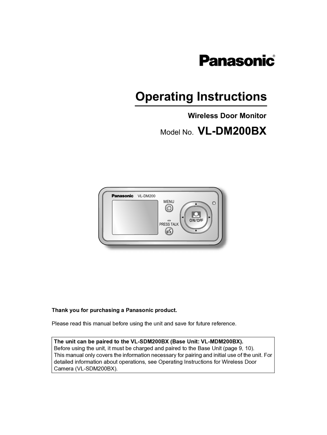 Panasonic VL-DM200BX operating instructions Operating Instructions 