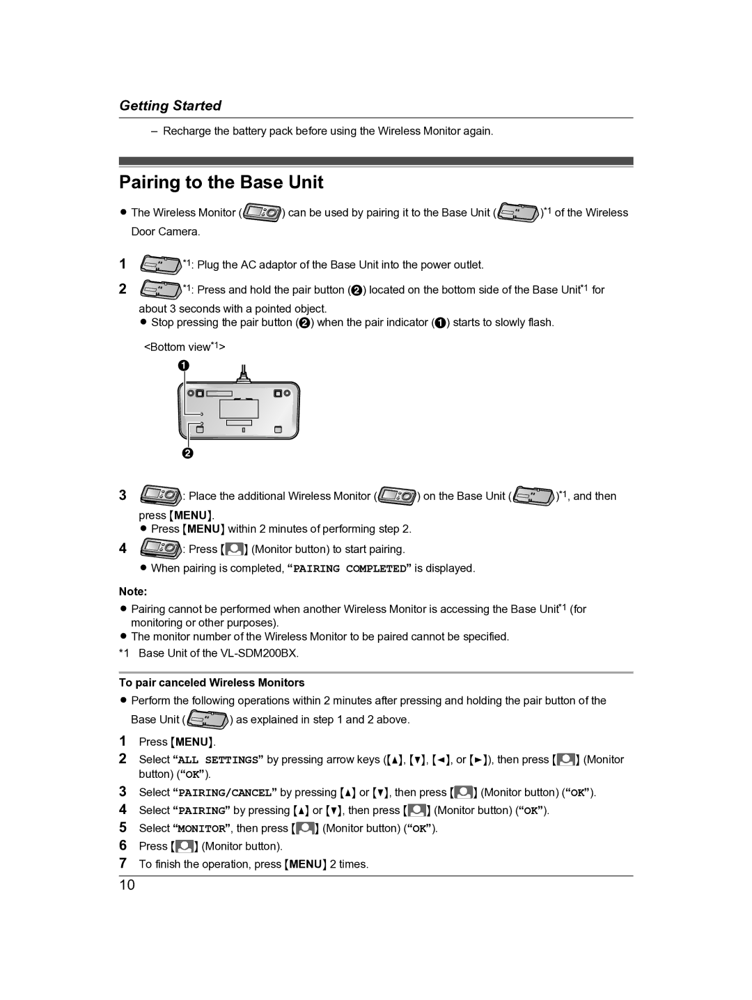 Panasonic VL-DM200BX operating instructions Pairing to the Base Unit, To pair canceled Wireless Monitors 