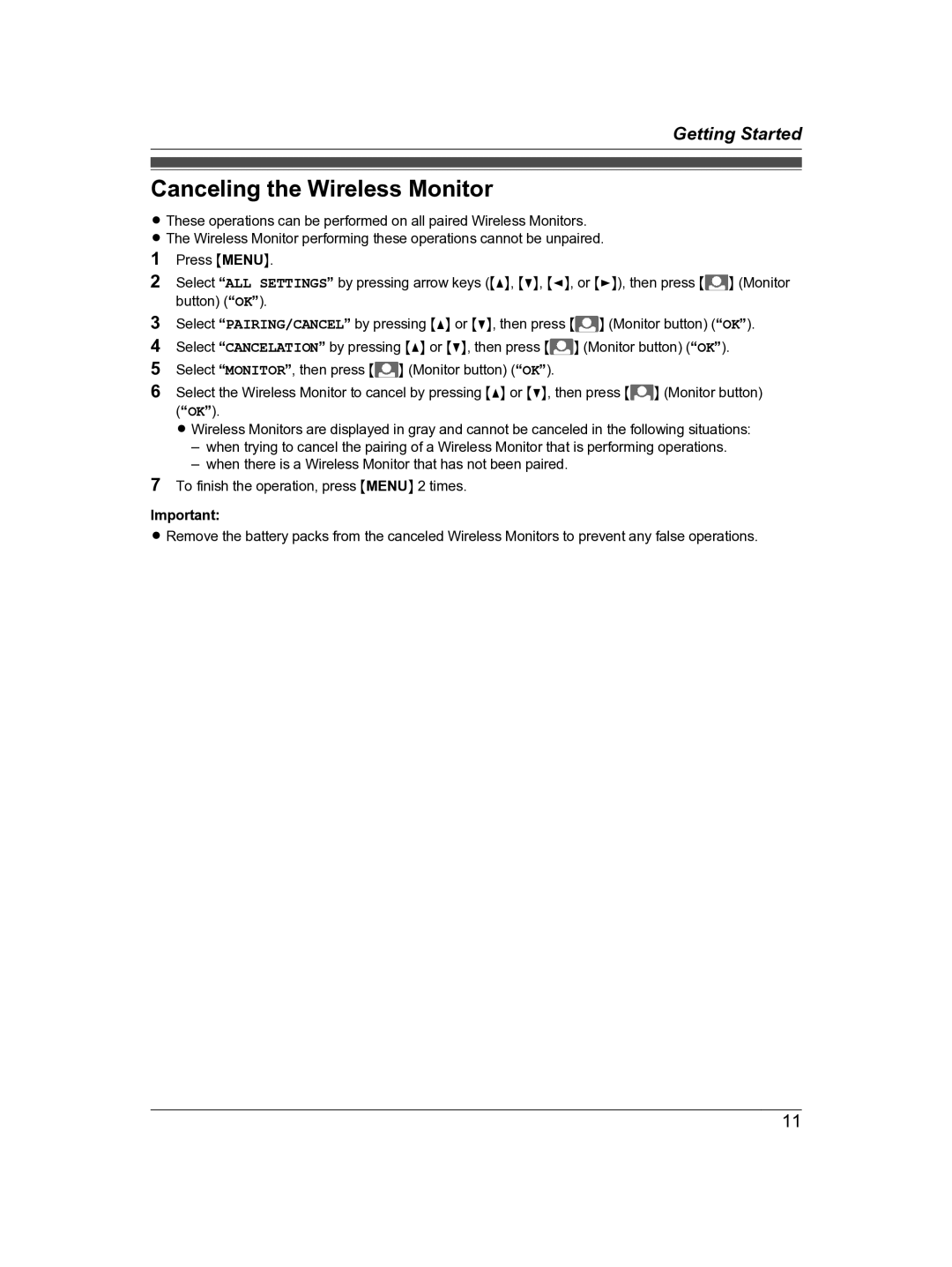 Panasonic VL-DM200BX operating instructions Canceling the Wireless Monitor 