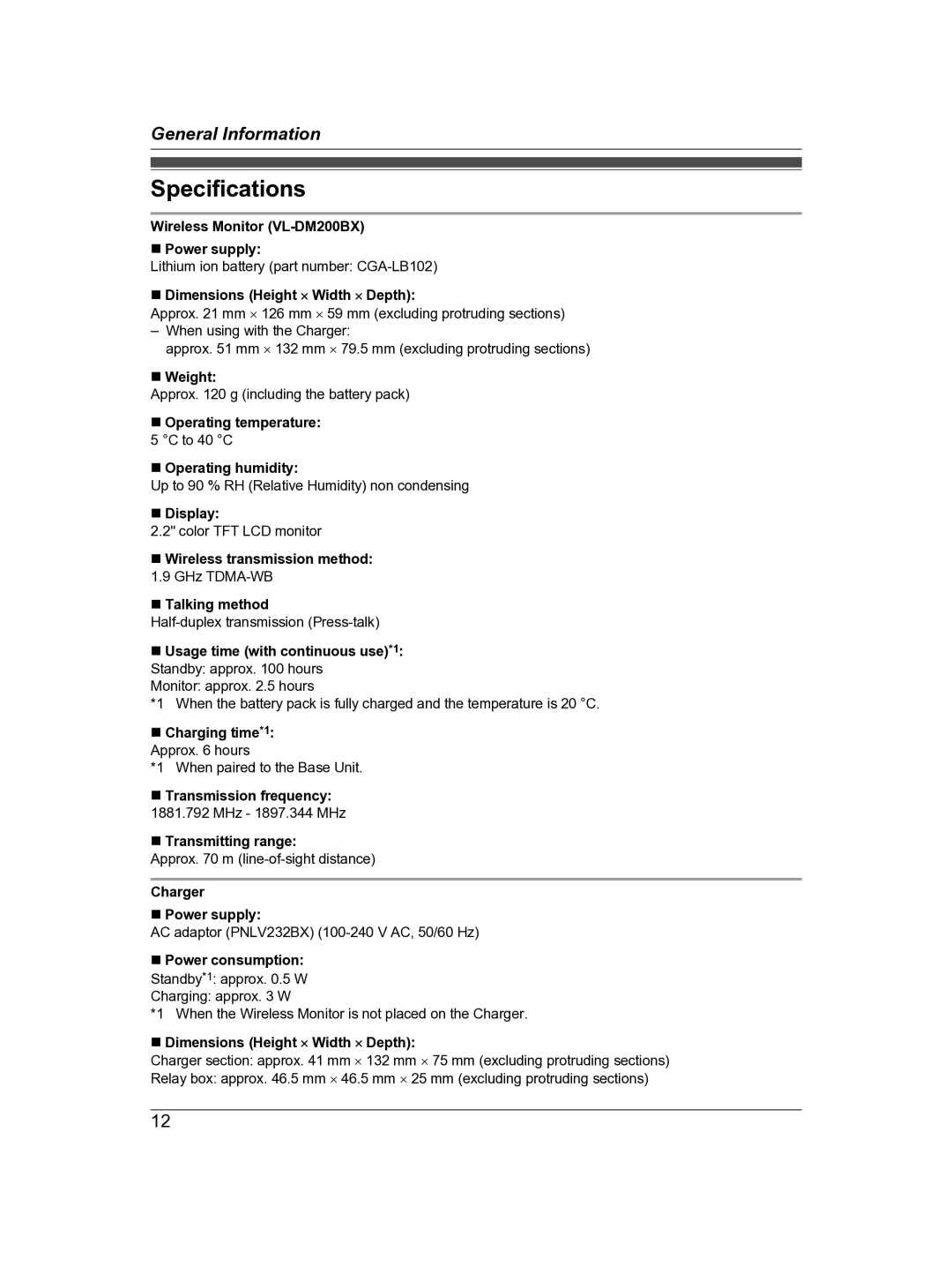 Panasonic VL-DM200BX operating instructions Specifications 