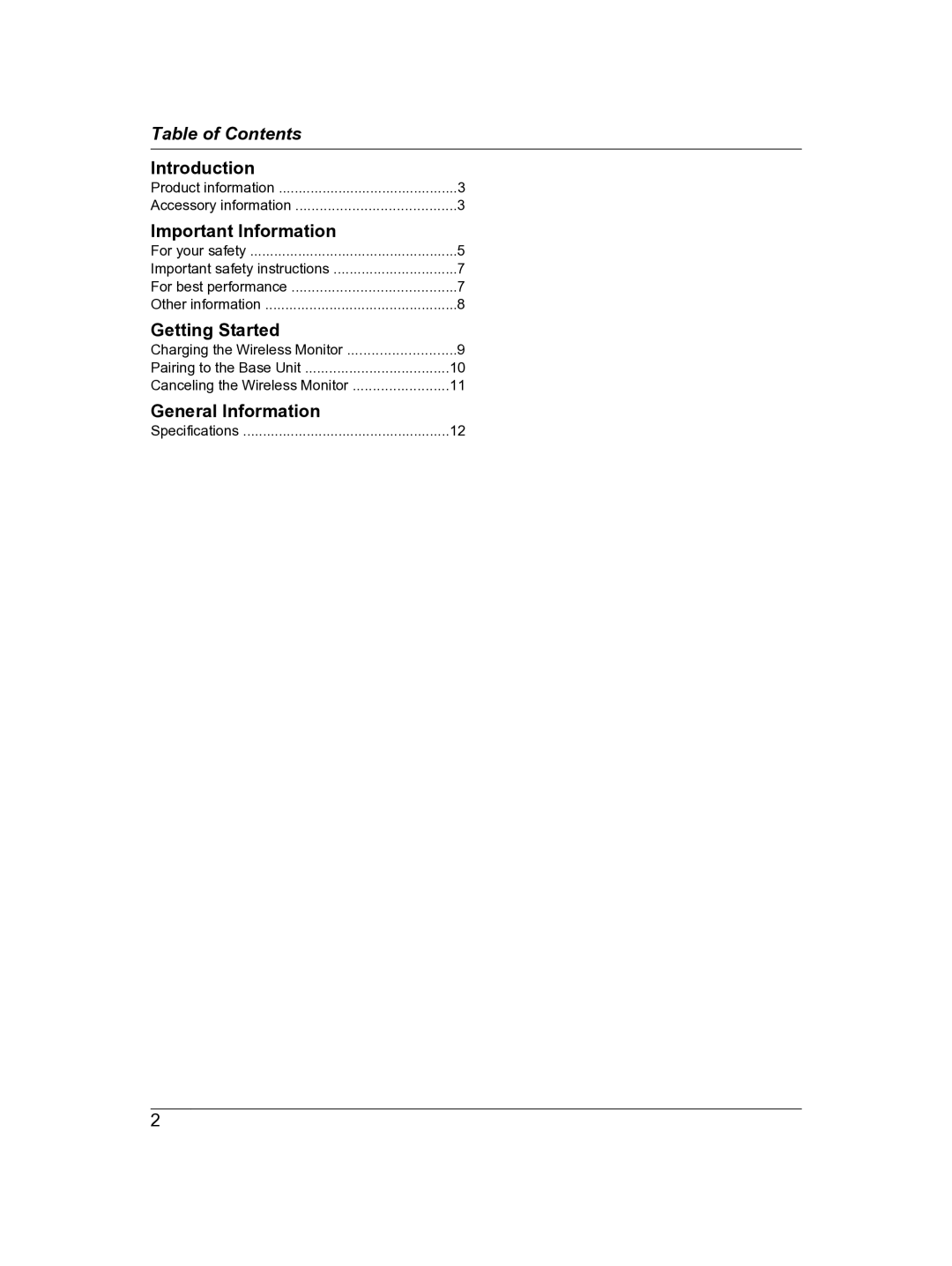 Panasonic VL-DM200BX operating instructions Table of Contents 