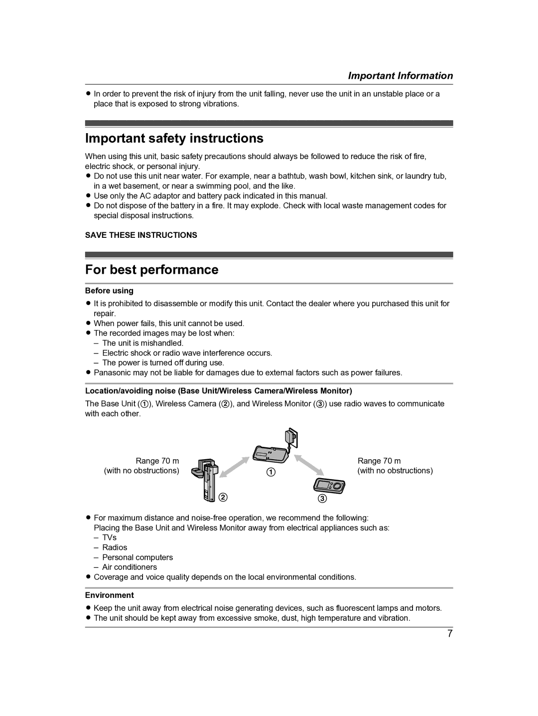 Panasonic VL-DM200BX operating instructions Important safety instructions, For best performance, Before using, Environment 