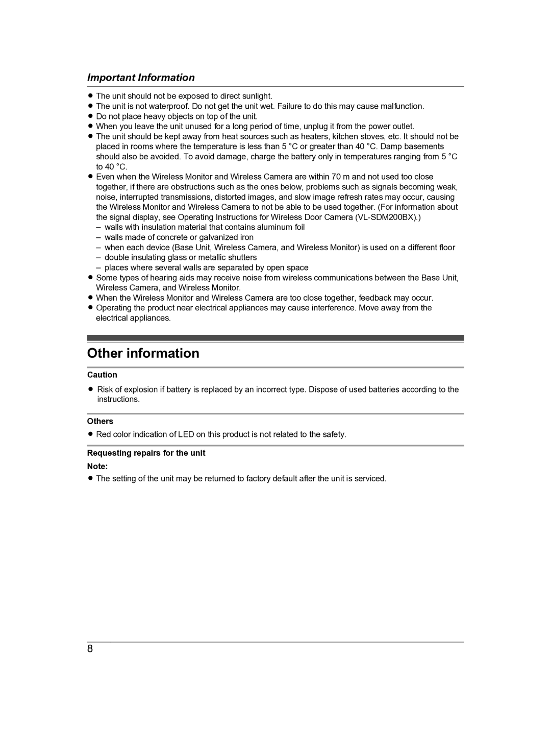 Panasonic VL-DM200BX operating instructions Other information, Others, Requesting repairs for the unit 