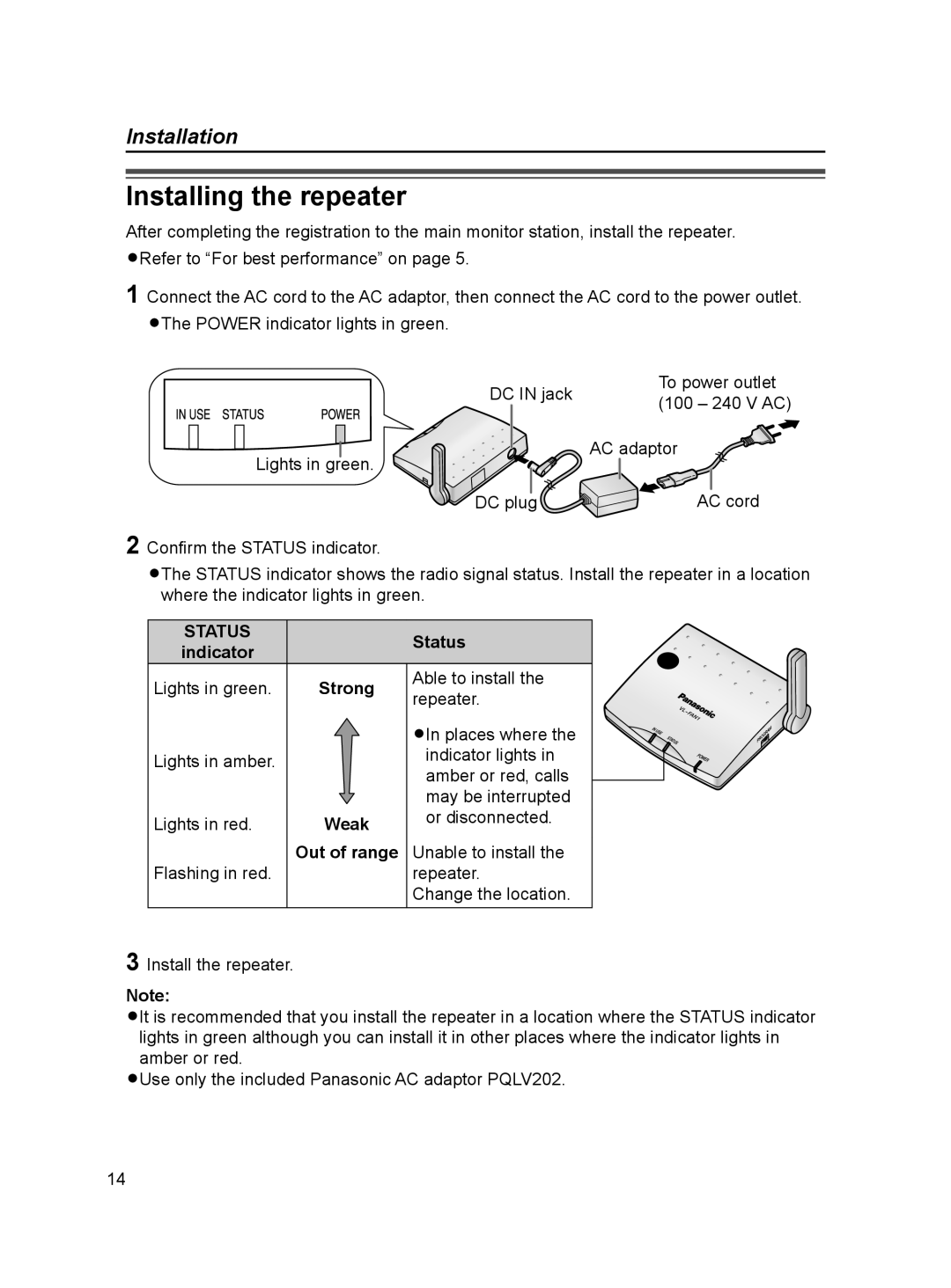 Panasonic VL-FAN1BX operating instructions Installing the repeater, Status Indicator, Strong, Out of range 