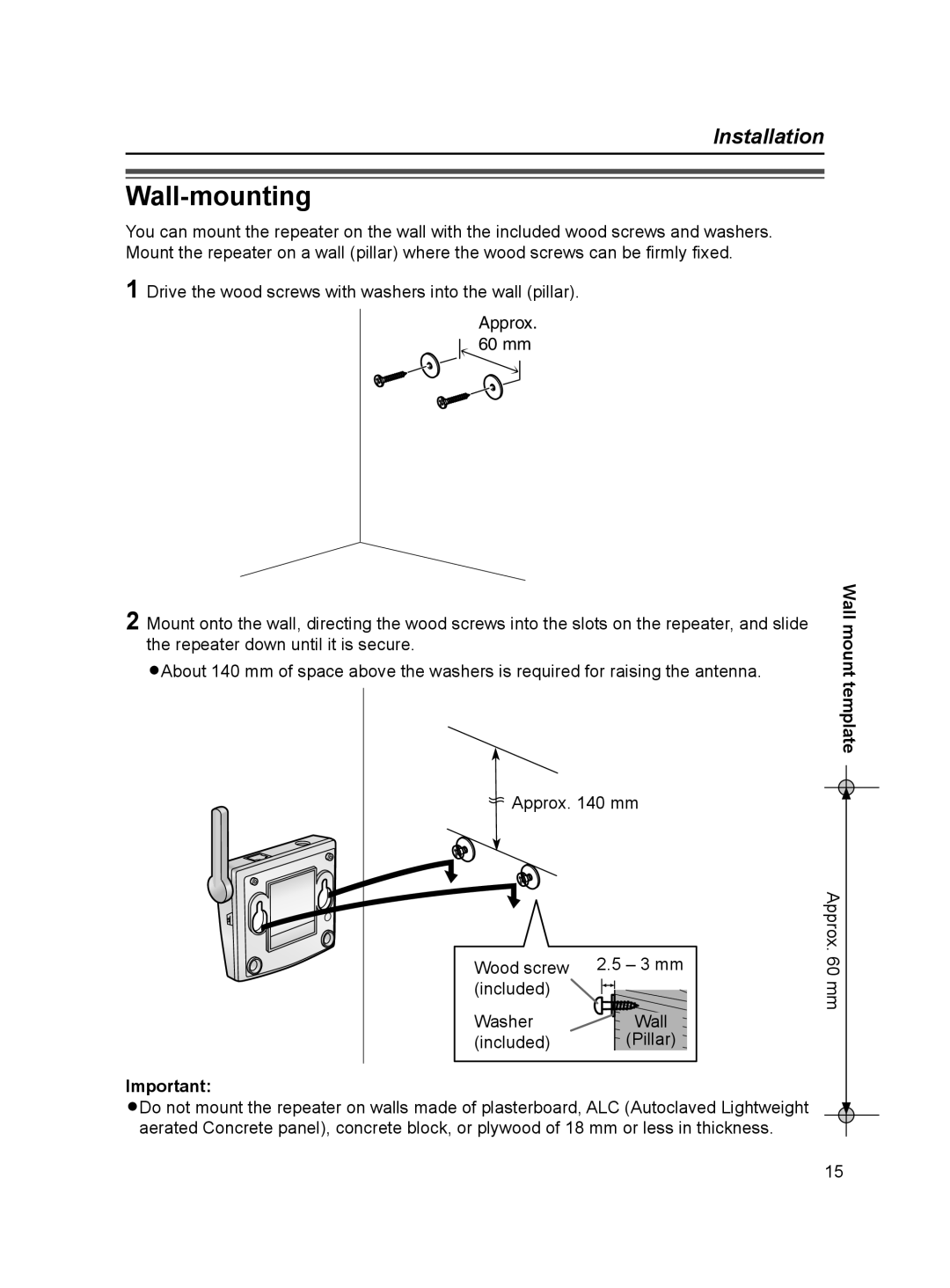 Panasonic VL-FAN1BX operating instructions Wall-mounting, Wall mount template 