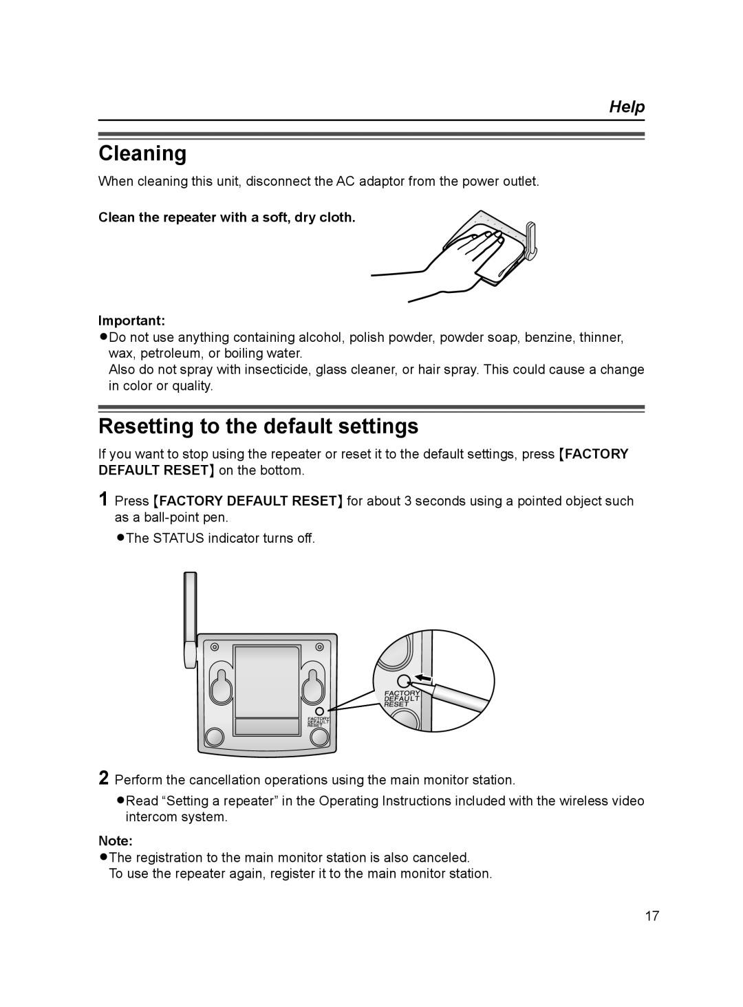 Panasonic VL-FAN1BX Cleaning, Resetting to the default settings, Clean the repeater with a soft, dry cloth 