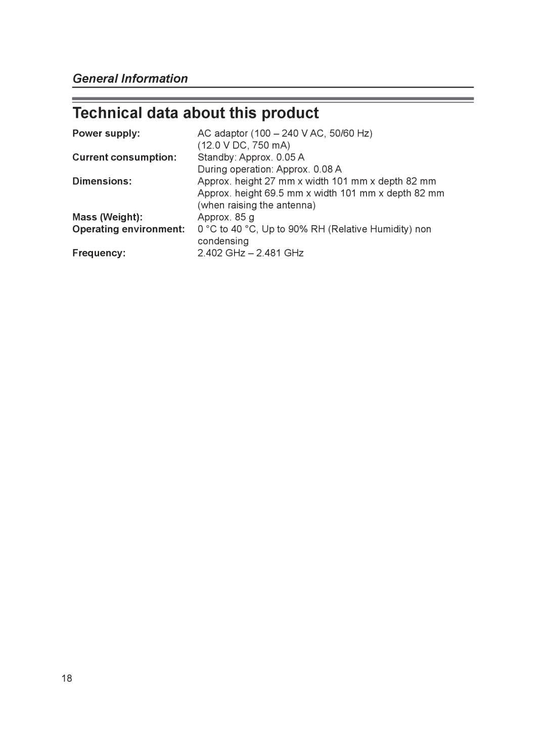 Panasonic VL-FAN1BX operating instructions Technical data about this product 