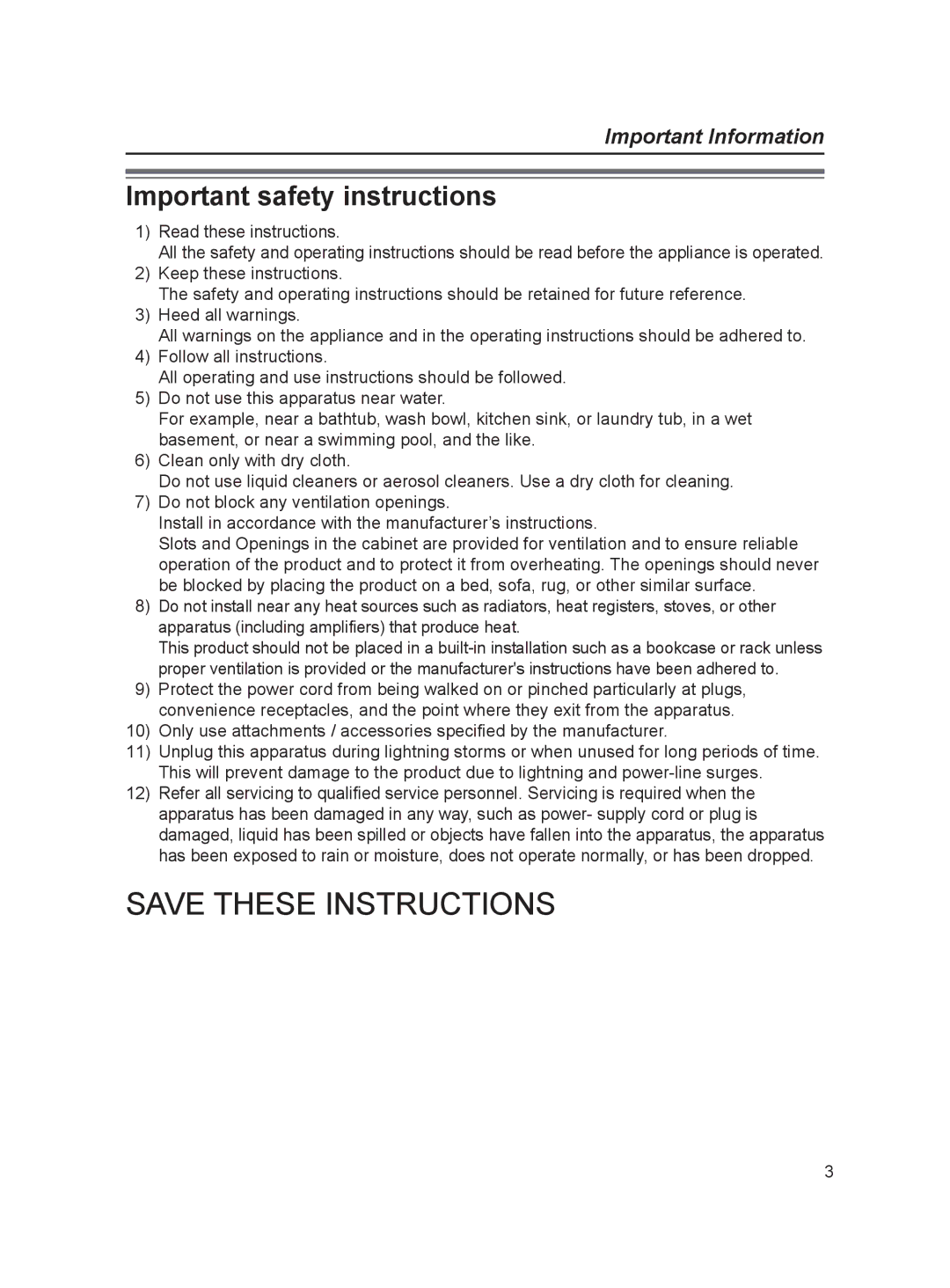 Panasonic VL-FAN1BX operating instructions Important safety instructions 