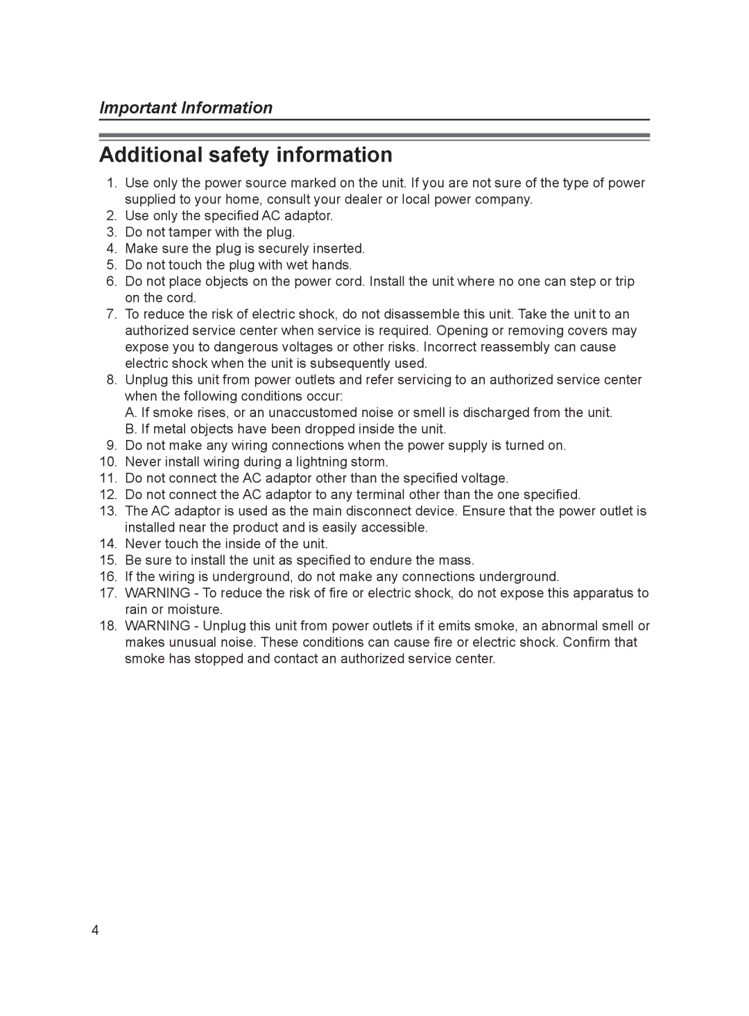 Panasonic VL-FAN1BX operating instructions Additional safety information 