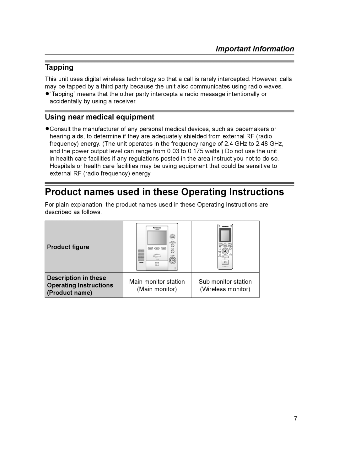 Panasonic VL-FAN1BX Product names used in these Operating Instructions, Tapping, Using near medical equipment 