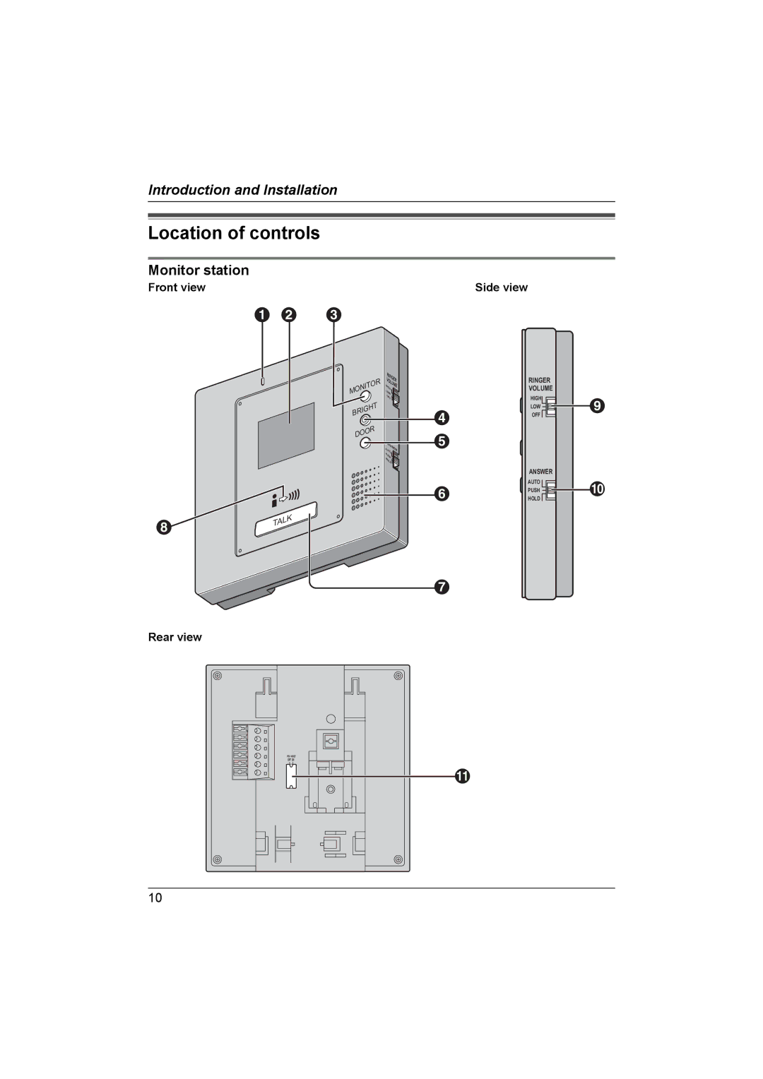 Panasonic VL-G201 installation and operation guide Location of controls, Front view Side view Rear view 