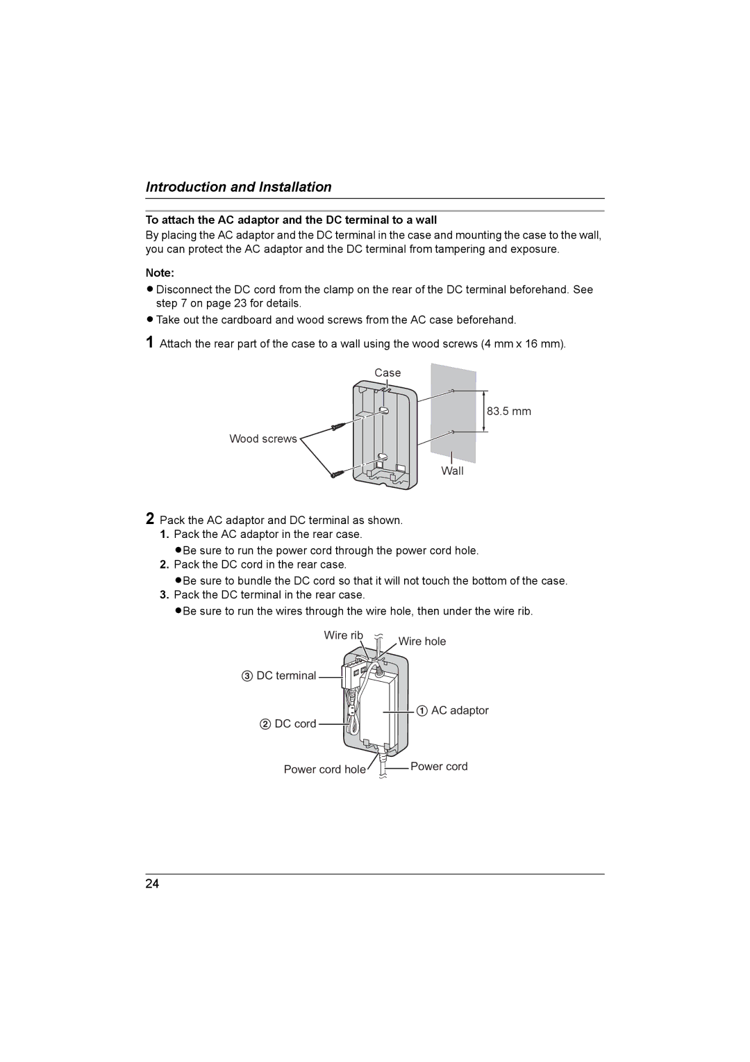 Panasonic VL-G201 installation and operation guide To attach the AC adaptor and the DC terminal to a wall 