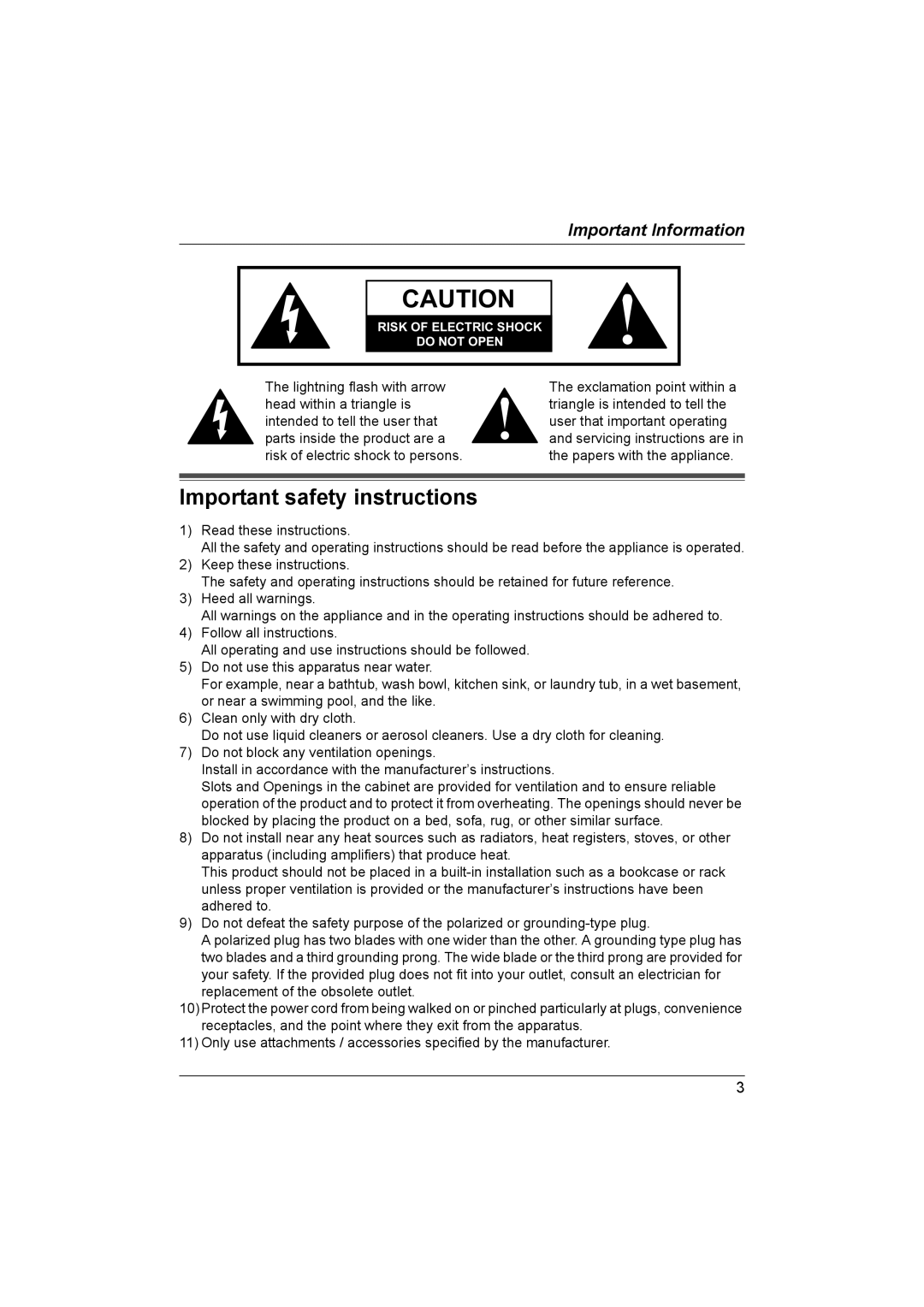 Panasonic VL-G201 installation and operation guide Important safety instructions, Important Information 