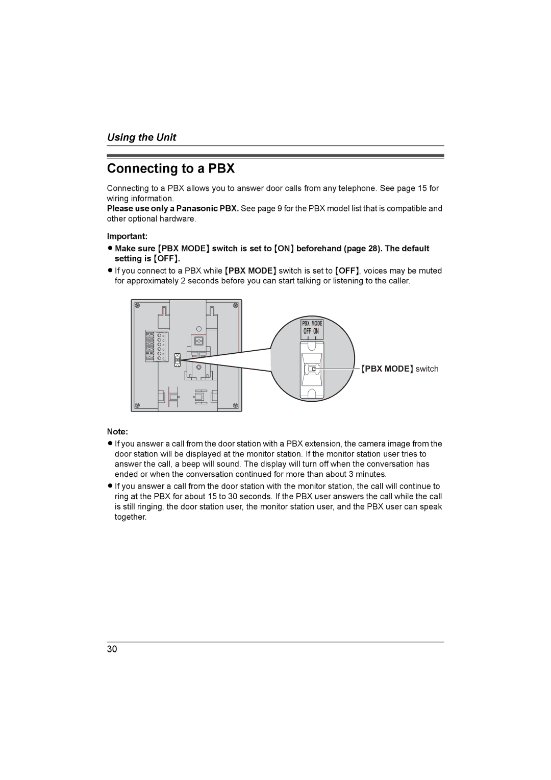 Panasonic VL-G201 installation and operation guide Connecting to a PBX 