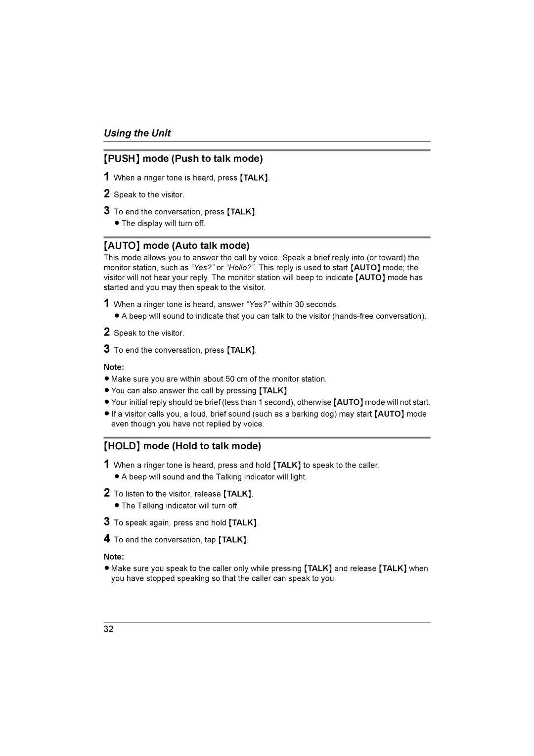 Panasonic VL-G201 installation and operation guide Push mode Push to talk mode 