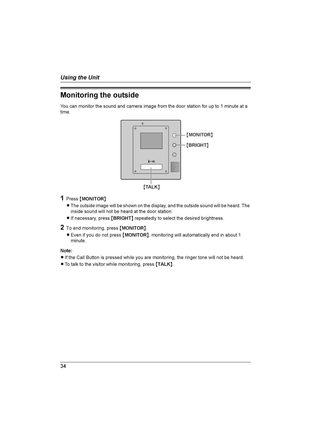 Panasonic VL-G201 installation and operation guide Monitoring the outside, Monitor Bright Talk 