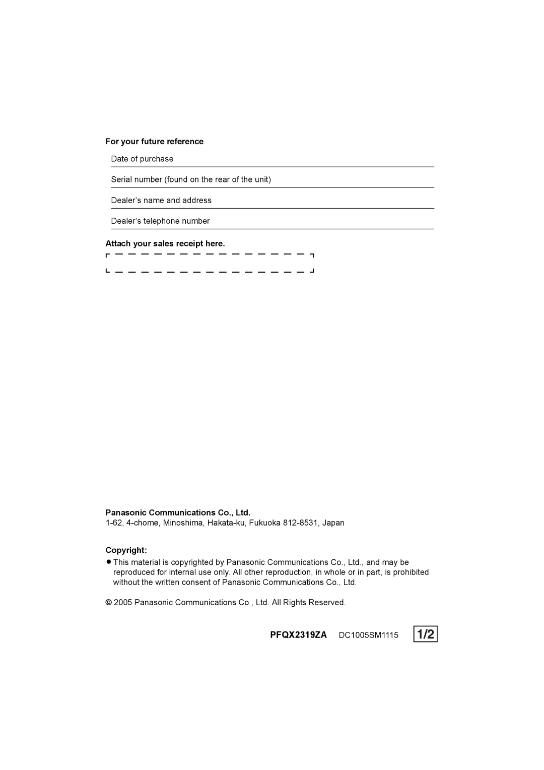 Panasonic VL-G201 installation and operation guide For your future reference, Attach your sales receipt here, Copyright 