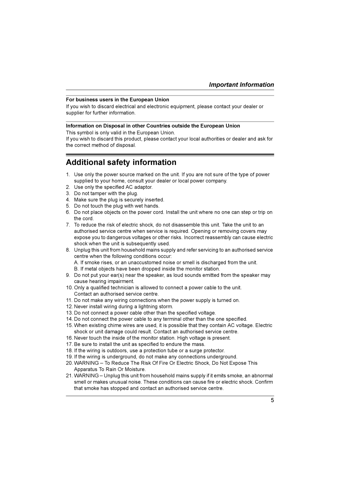 Panasonic VL-G201 installation and operation guide Additional safety information, For business users in the European Union 