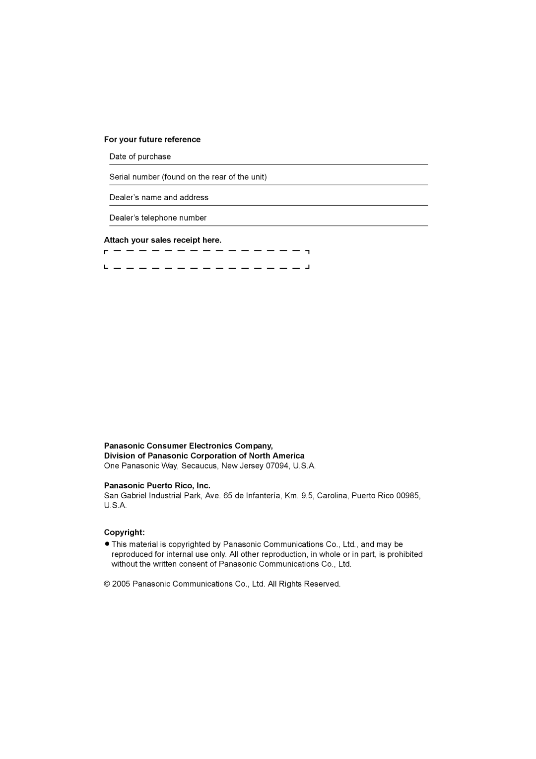 Panasonic VL-GC001A installation and operation guide For your future reference, Panasonic Puerto Rico, Inc, Copyright 