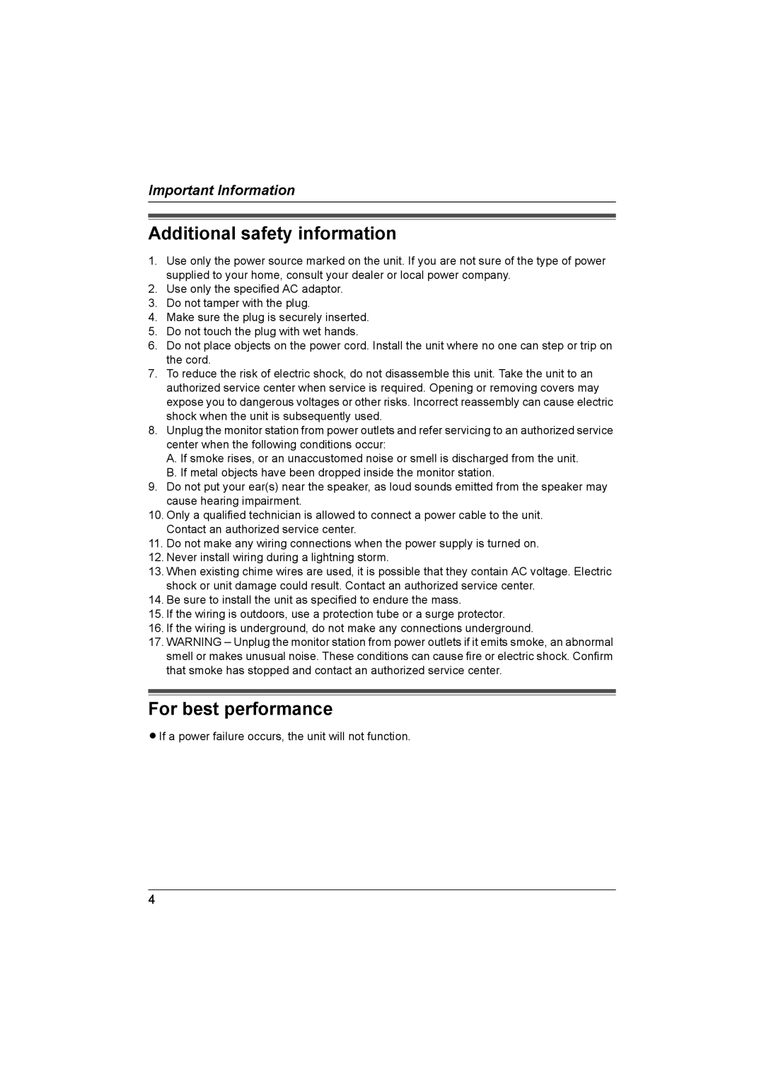 Panasonic VL-GC001A installation and operation guide Additional safety information, For best performance 