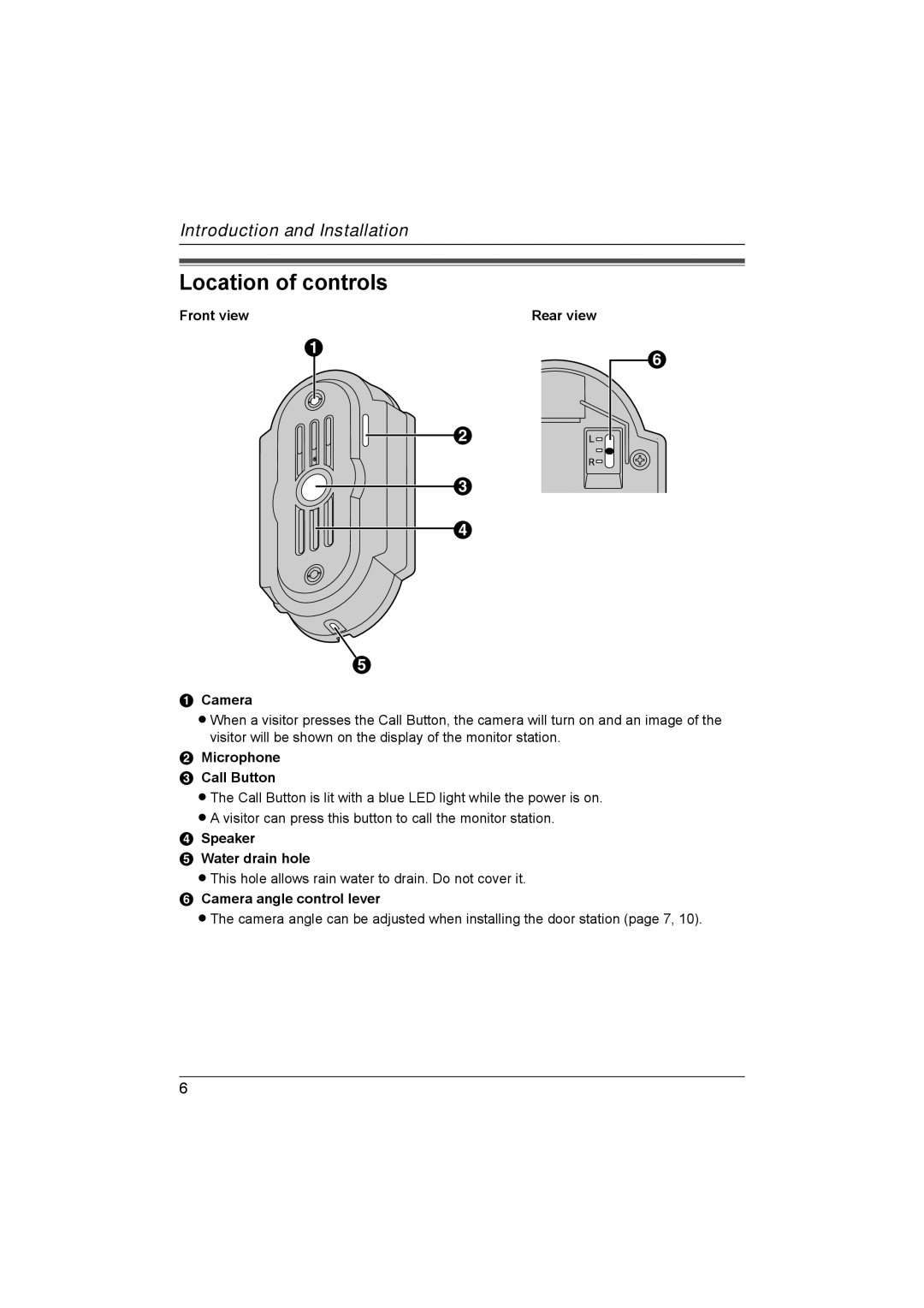 Panasonic VL-GC001A Location of controls, Front view Rear view Camera, Microphone Call Button, Speaker Water drain hole 