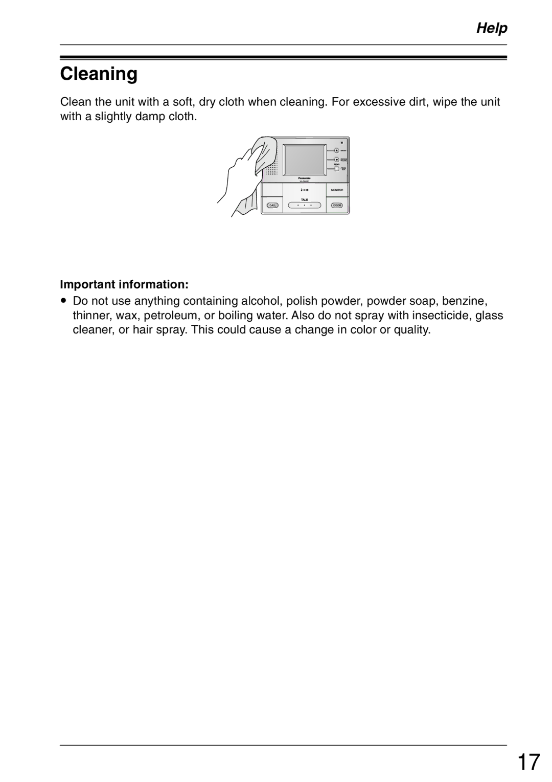 Panasonic VL-GM001 installation and operation guide Cleaning, Important information 